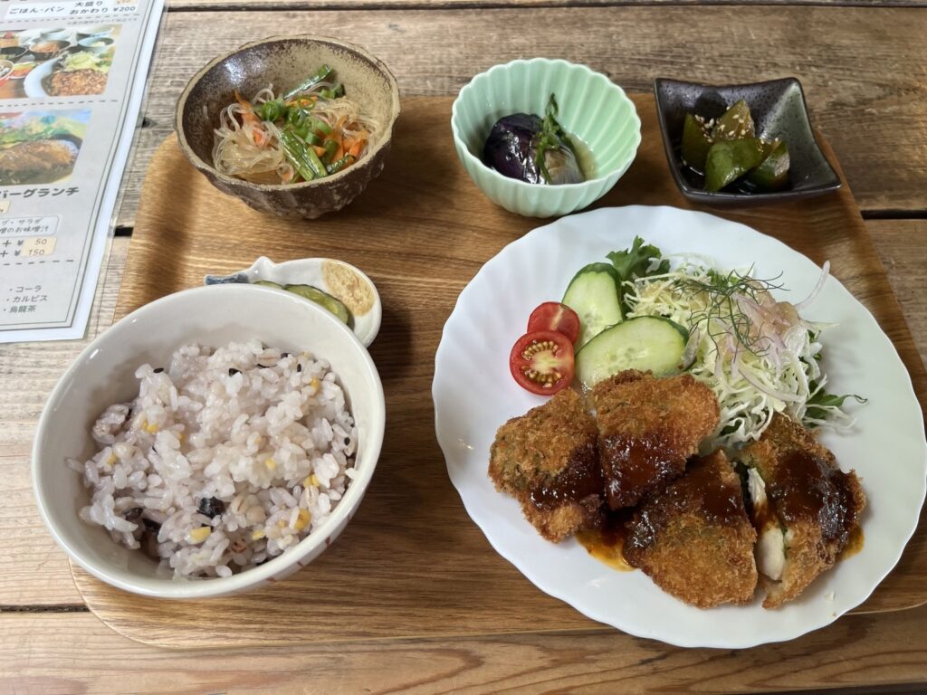 山の駅で食べた野菜や小鉢の付いたランチ